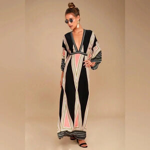 Lulus Montecito Black Geometric Print Maxi Dress Womens size S